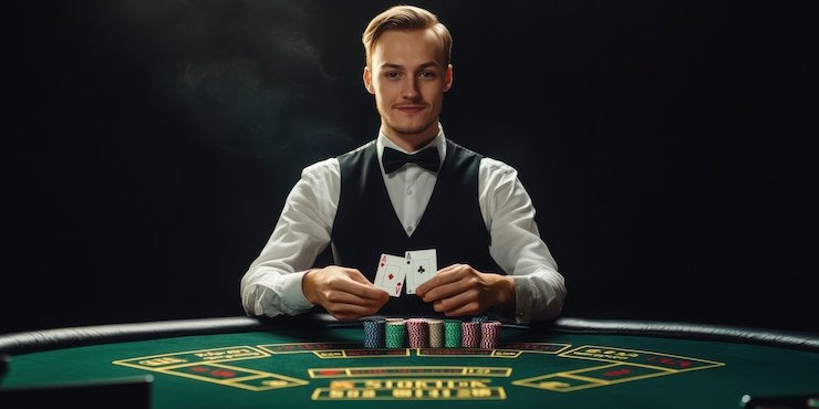 Meja Andar Bahar live dealer di studio wati toto dengan kartu dan penanda sisi